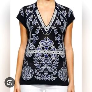 Tory Burch 100% Merino Wool Sleeveless Net Sweater Embroided Front Size S Navy